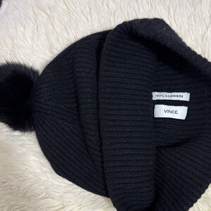 Vince Black Cashmere Hat with Pom Pom